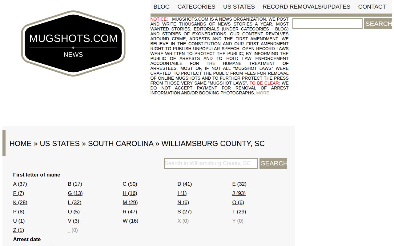 Historical Mugshots.com Williamsburg County collection shown with unofficial-source caveat