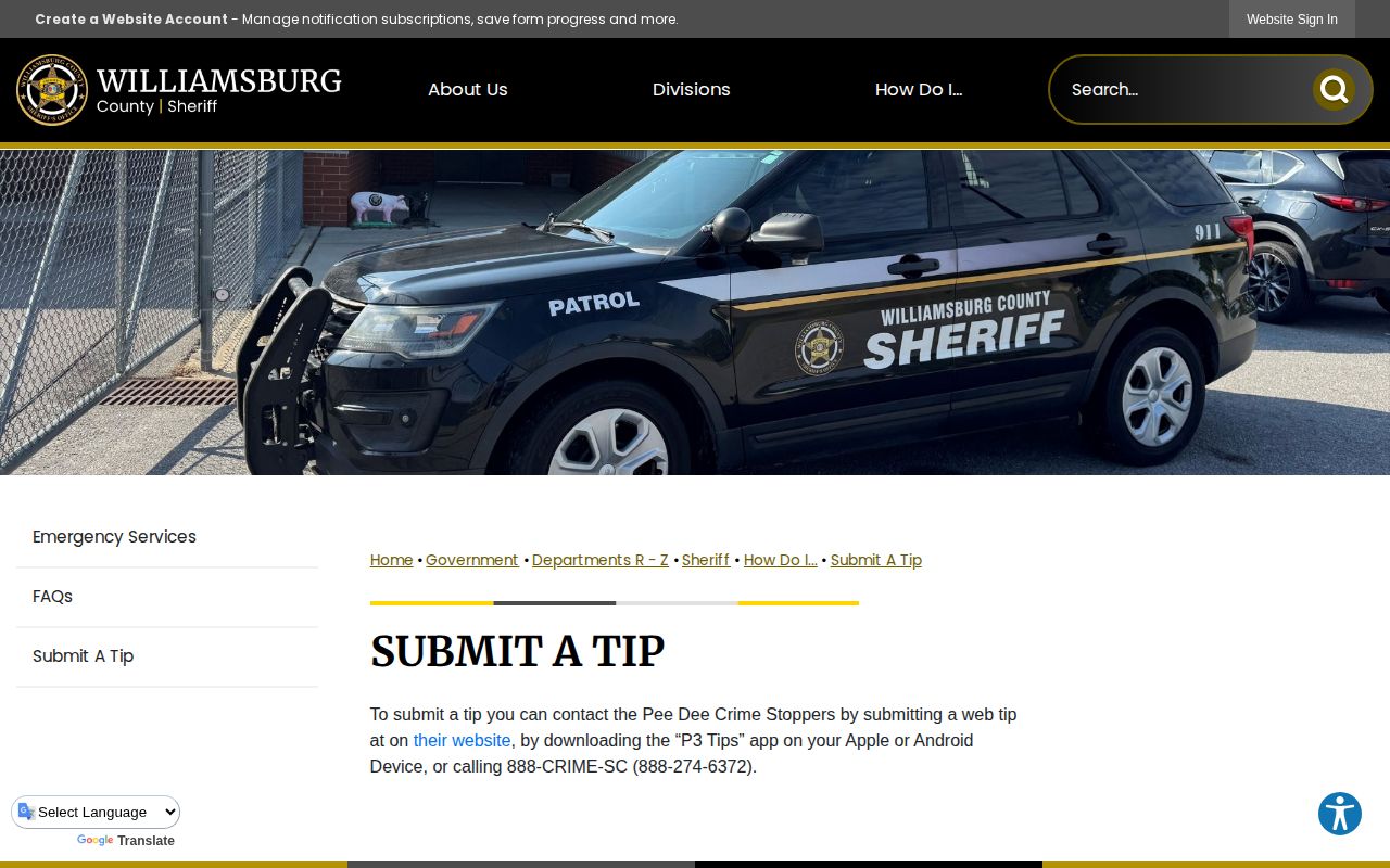 Williamsburg County Sheriff Submit a Tip page linking to the Pee Dee Crime Stoppers route