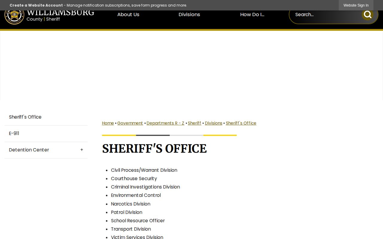 Williamsburg County Sheriff divisions page identifying the Civil Process and Warrant Division
